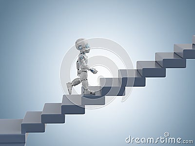 Robot climb or walk upÂ staircase Stock Photo